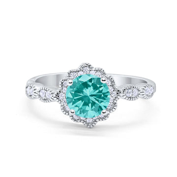 Halo Floral Art Deco Engagement Ring Simulated Paraiba Tourmaline CZ 925 Sterling Silver